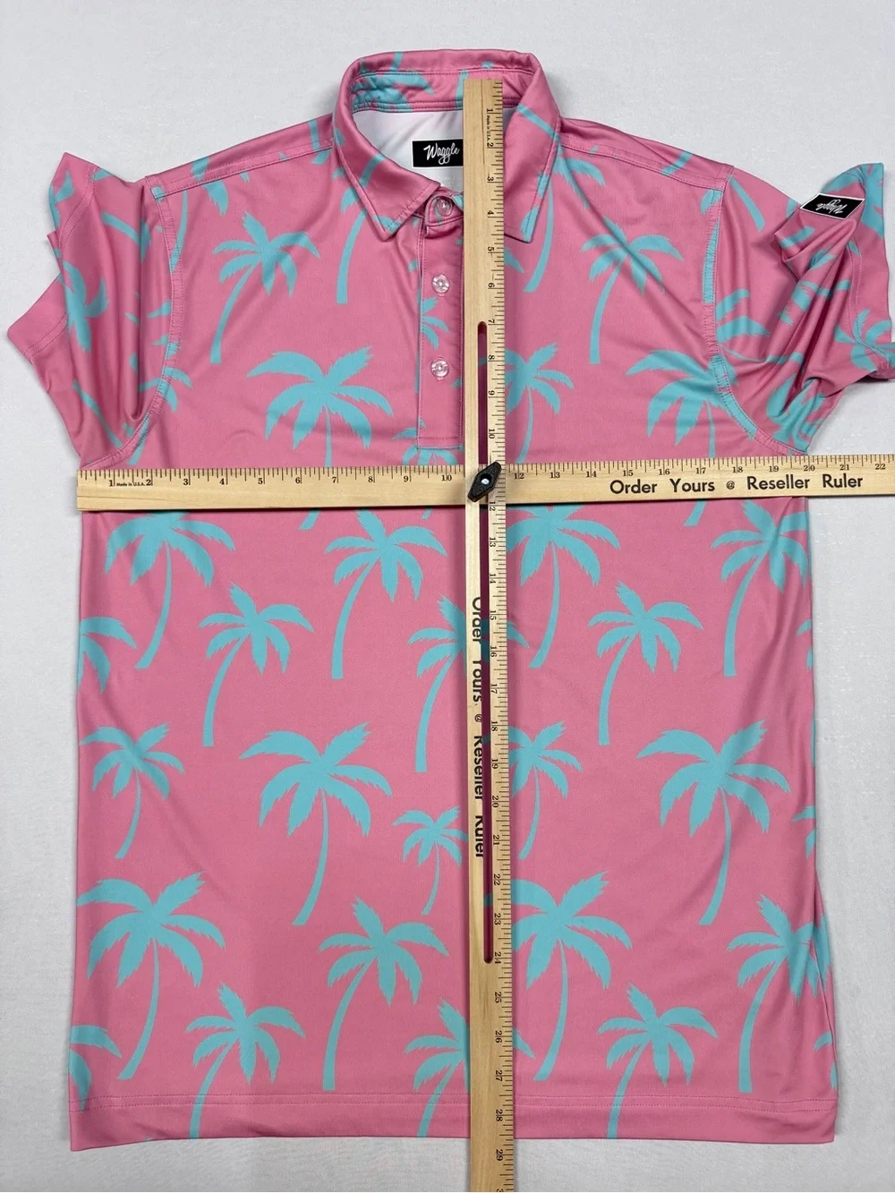 Men’s Waggle Golf Medium Pink/Blue Palms Performance Polo Short Sleeve - Picture 4 of 6